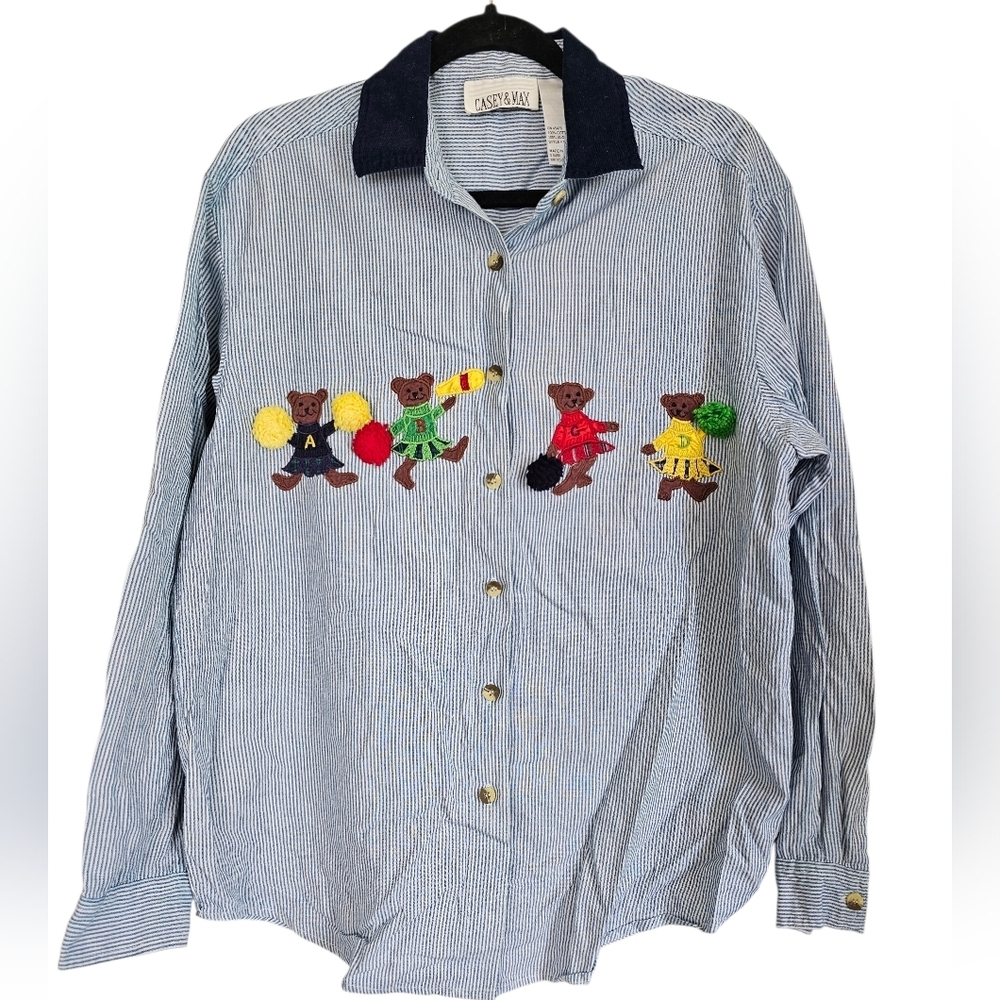 Castaway Blue Striped Bear Embroidered Shirt